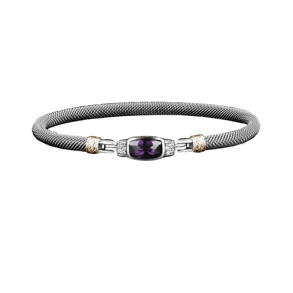 GK Sterling Silver & 14K Yellow Gold Checkerboard Cushion Amethyst & Lab- Grown Round Diamond Mesh Bangle Bracelet Jo & Co. Jewelers Hardy, VA