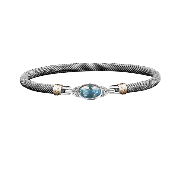 GK Sterling Silver & 14K Yellow Gold Checkerboard Oval Sky Blue Topaz & Lab- Grown Round Diamond Mesh Bangle Bracelet Jo & Co. Jewelers Hardy, VA