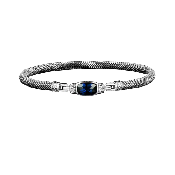GK Sterling Silver Lab- Grown Checkerboard Cushion Sapphire & Lab- Grown Round Diamond Mesh Bangle Bracelet Jo & Co. Jewelers Hardy, VA