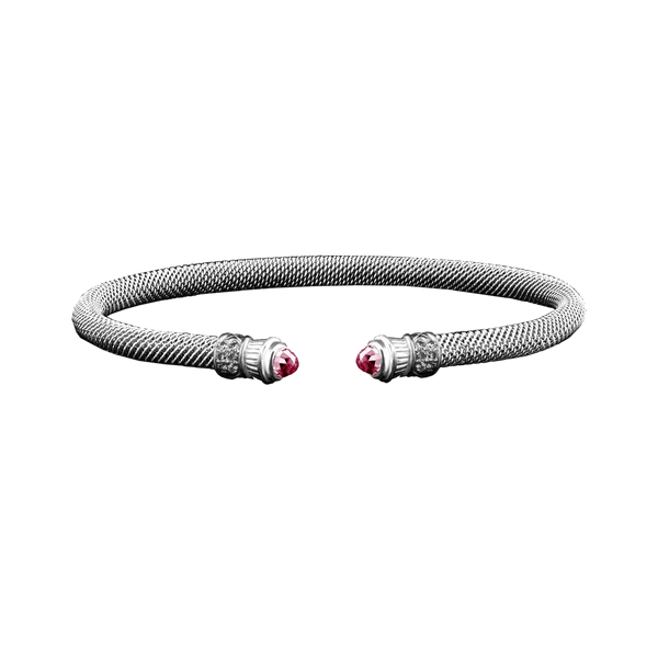GK Sterling Silver Mesh Cuff Bracelet With Upturned Created Pink Sapphire Lab- Grown Round Diamond End Caps Jo & Co. Jewelers Hardy, VA