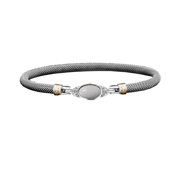 GK Sterling Silver & 14K Yellow Gold Cabochon Oval Mother- Of- Pearl & .10tw Lab-Grown Round Diamond Mesh Bangle Bracelet Jo & Co. Jewelers Hardy, VA