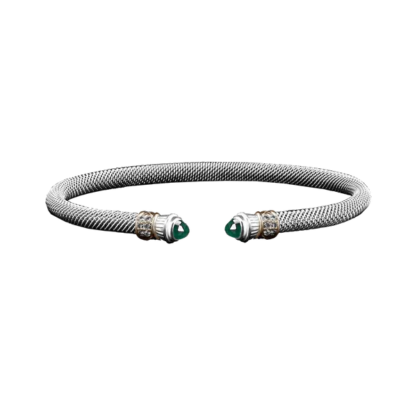 GK Sterling SIlver & 14K Yellow Gold Mesh Cuff Bracelet With Upturned Green Onyx & Lab- Grown Round Diamond End Caps Jo & Co. Jewelers Hardy, VA