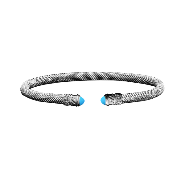 GK Sterling Silver Mesh Cuff Bracelet With Reconstituted Turquoise & .12tw Lab-Grown Round Diamond End Caps Jo & Co. Jewelers Hardy, VA