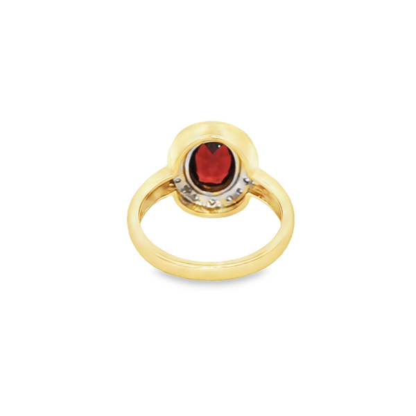 14K Yellow Gold Oval Garnet & Diamond Halo Ring Image 3 Jo & Co. Jewelers Hardy, VA