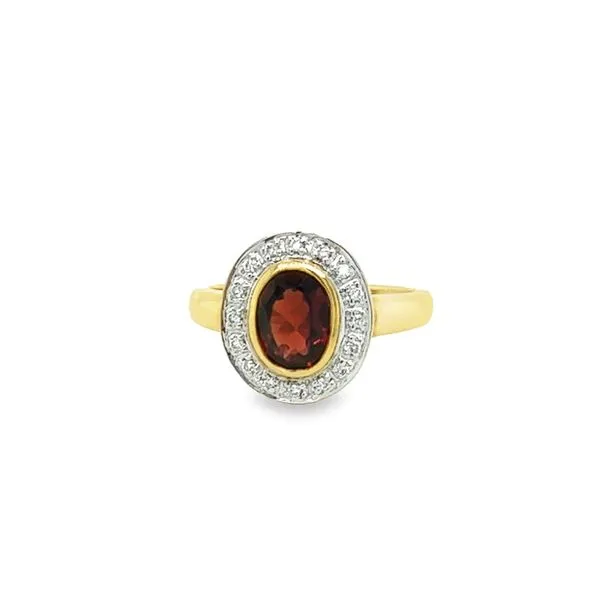 14K Yellow Gold Oval Bezel Set Garnet and Round Diamond Halo Jo & Co. Jewelers Hardy, VA