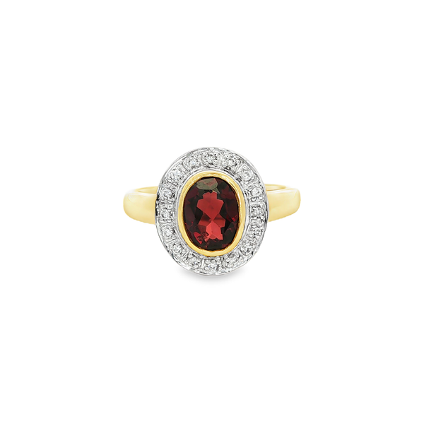 14K Yellow Gold Oval Garnet & Diamond Halo Ring Jo & Co. Jewelers Hardy, VA