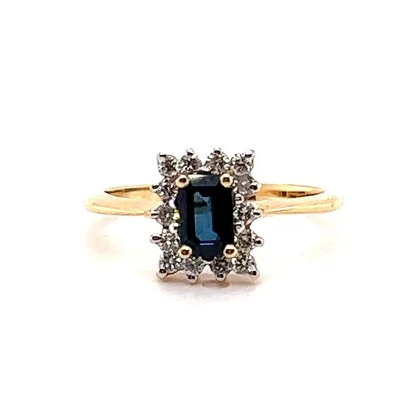 14K Yellow Gold Halo Ring with a Emerald Cut Sapphire and Round Diamonds Jo & Co. Jewelers Hardy, VA