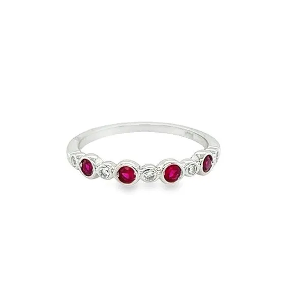 10K White Gold Bezel Set Created Ruby Birthstone Ring with Round Diamonds Jo & Co. Jewelers Hardy, VA