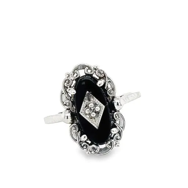 10K White Gold Oval Black Onyx Filigree Ring with One Round Diamond Jo & Co. Jewelers Hardy, VA