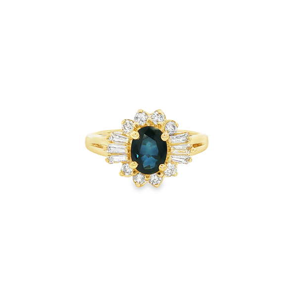 14K Yellow Gold Oval Sapphire Ring with Diamond Halo & Baguette Accents Jo & Co. Jewelers Hardy, VA
