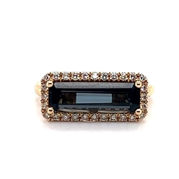 14K Yellow Gold Elongated Emerald Cut London Blue Topaz Ring with Round Diamonds Jo & Co. Jewelers Hardy, VA