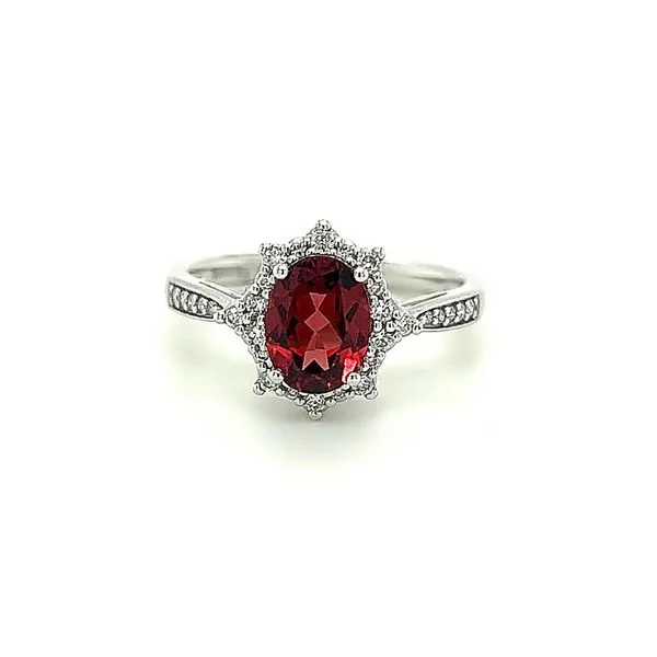 14K White Gold Oval Garnet Ring with Round Diamond Star Halo Jo & Co. Jewelers Hardy, VA