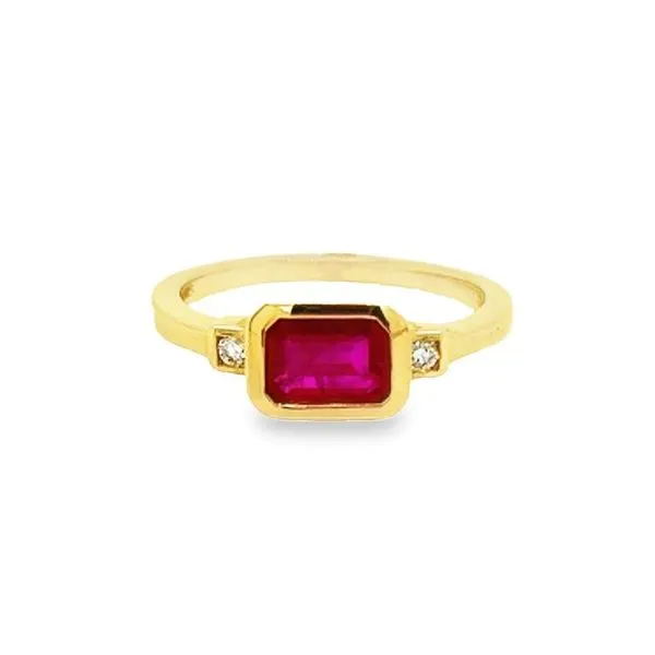 14K Yellow Gold Bezel Set Emerald Cut Ruby and Round Diamond Ring Jo & Co. Jewelers Hardy, VA