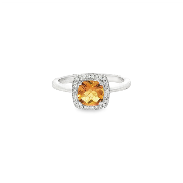 10K White Gold Cushion-Cut Citrine & Diamond Halo Ring Jo & Co. Jewelers Hardy, VA