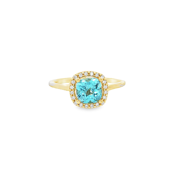 14K Yellow Gold Checkerboard Cushion Blue Topaz & Diamond Halo Ring Jo & Co. Jewelers Hardy, VA