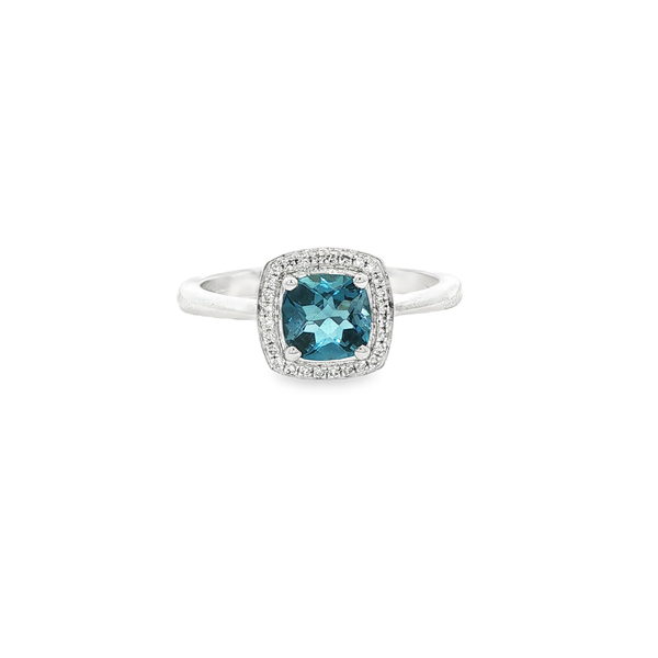 10K White Gold Checkerboard Cushion London Blue Topaz & Diamond Halo Ring Jo & Co. Jewelers Hardy, VA