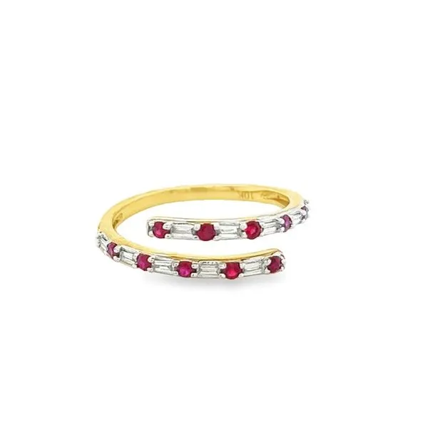 10K Yellow Gold Round Ruby Open Bypass Ring with Baguette Diamonds Jo & Co. Jewelers Hardy, VA