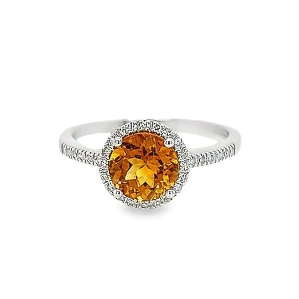 14K White Gold Round Citrine Ring with Round Diamond Sides and Halo Jo & Co. Jewelers Hardy, VA