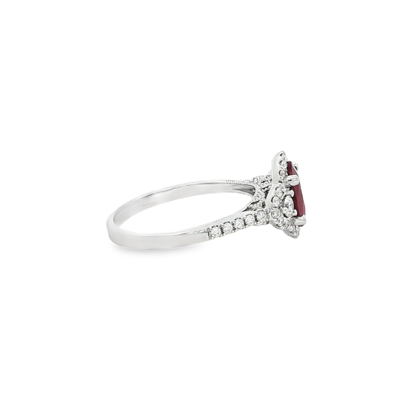 14K White Gold Oval Ruby & Diamond Clover Halo Ring Image 2 Jo & Co. Jewelers Hardy, VA