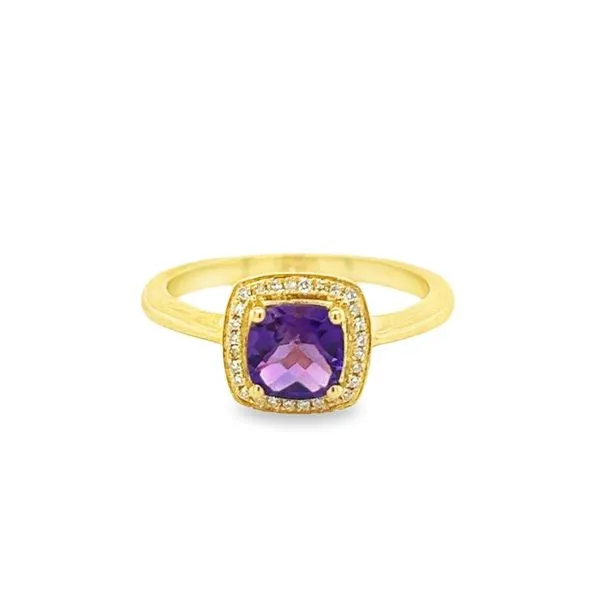 10K Yellow Gold Checkerboard Square Cushion Amethyst Ring with Diamond Halo Jo & Co. Jewelers Hardy, VA