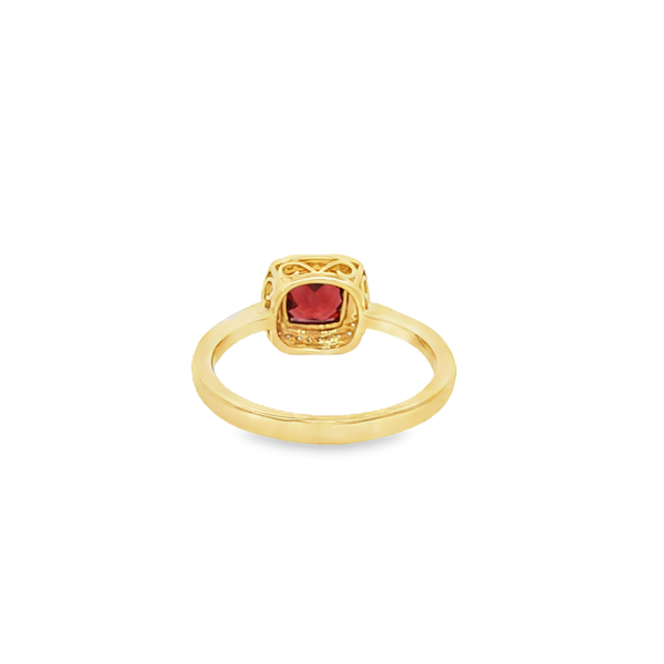 10K Yellow Gold Cushion-Cut Garnet & Diamond Halo Ring Image 3 Jo & Co. Jewelers Hardy, VA