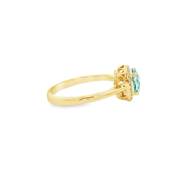 10K Yellow Gold Checkerboard Cushion Blue Topaz & Diamond Halo Ring Image 2 Jo & Co. Jewelers Hardy, VA