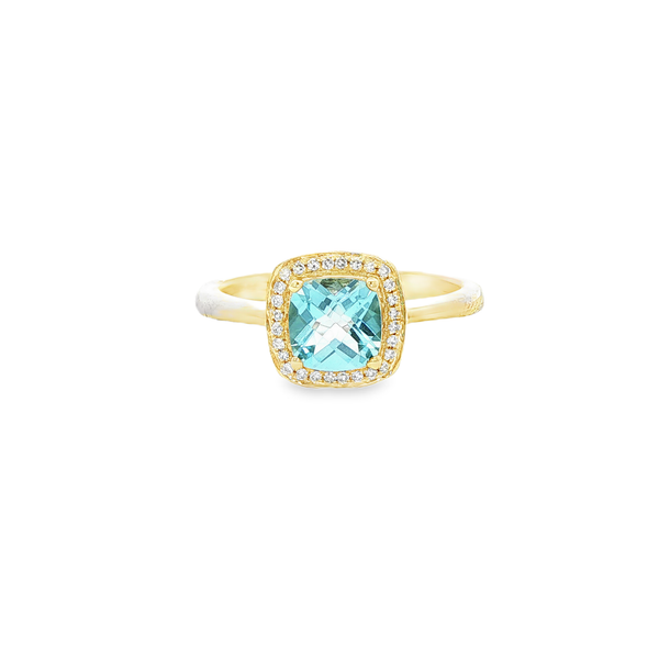 10K Yellow Gold Checkerboard Cushion Blue Topaz & Diamond Halo Ring Jo & Co. Jewelers Hardy, VA