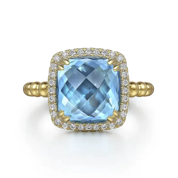 Gabriel 14K Yellow Gold Checkerboard Cushion Blue Topaz and Round Diamond Beaded Bujukan Halo Ring Jo & Co. Jewelers Hardy, VA