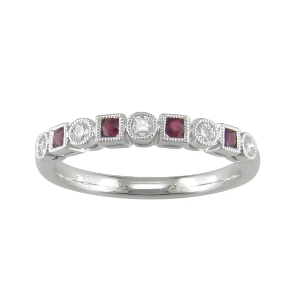 14K White Gold Round Ruby and Diamond Milgrain Alternating Ring Jo & Co. Jewelers Hardy, VA