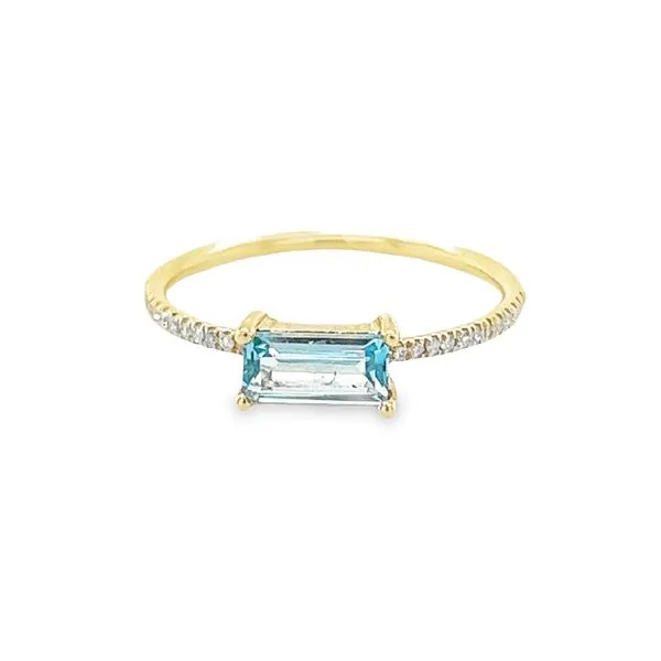 14K Yellow Gold Baguette Blue Topaz and Round Diamond Thin Shank Ring Jo & Co. Jewelers Hardy, VA