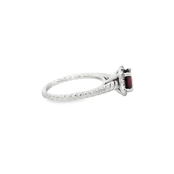 14K White Gold Round Rhodolite Garnet & Diamond Spiral Shank Halo Ring Image 2 Jo & Co. Jewelers Hardy, VA