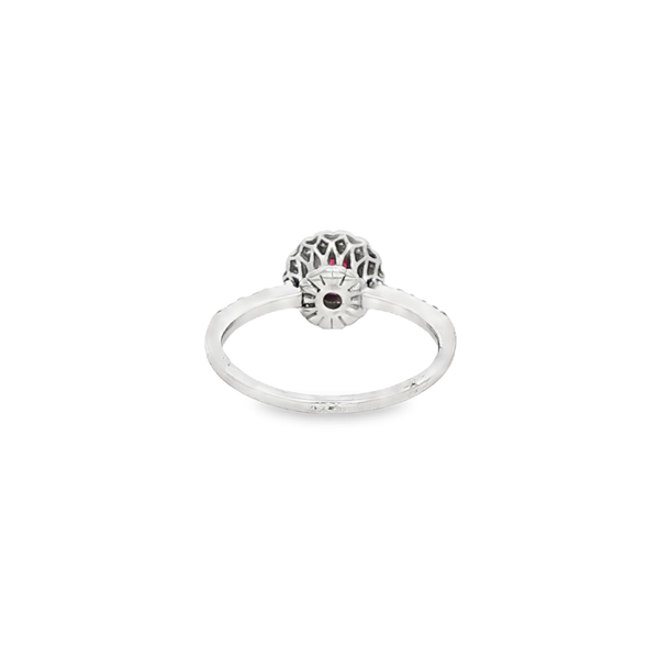 14K White Gold Round Ruby & Diamond Halo Ring Image 3 Jo & Co. Jewelers Hardy, VA