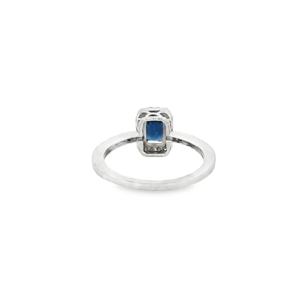 14K White Gold Emerald-Cut Sapphire & Diamond Halo Ring Image 3 Jo & Co. Jewelers Hardy, VA