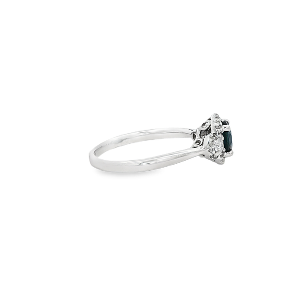 14K White Gold Sapphire & Diamond 3-Stone Halo Ring Image 2 Jo & Co. Jewelers Hardy, VA