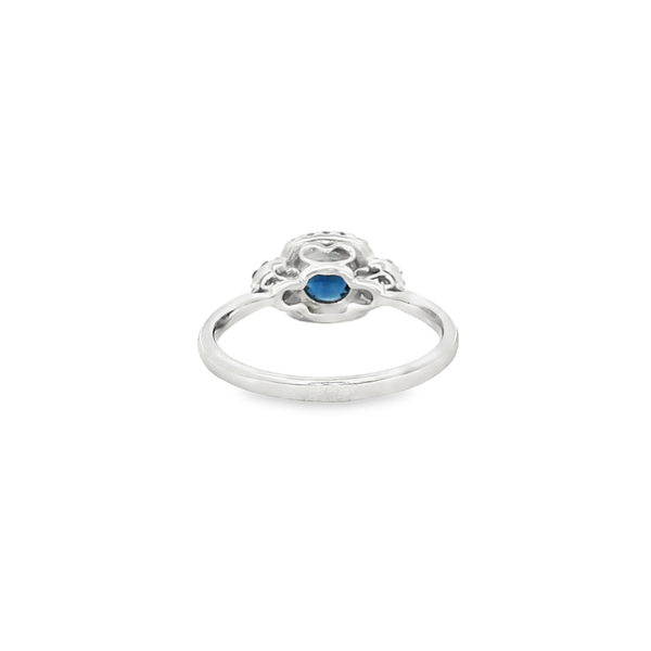14K White Gold Sapphire & Diamond 3-Stone Halo Ring Image 4 Jo & Co. Jewelers Hardy, VA