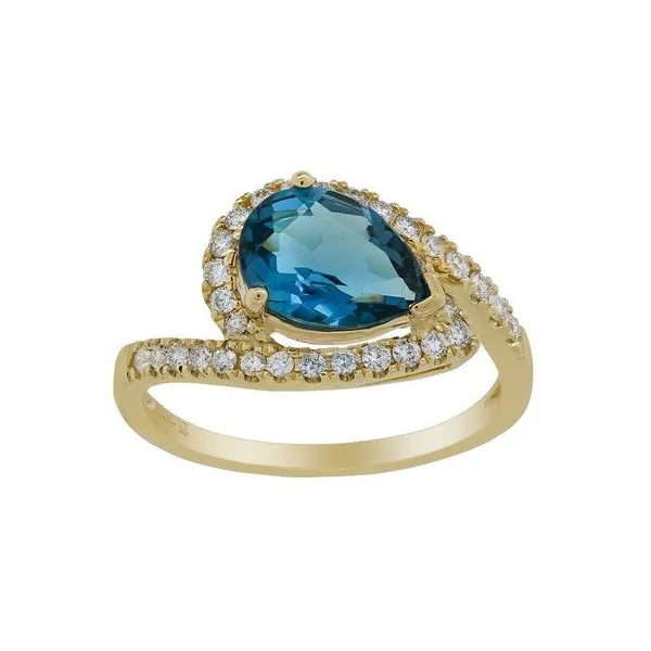 14K Yellow Gold Pear Shaped London Blue Topaz and Round Diamond Bypass Style Ring Jo & Co. Jewelers Hardy, VA