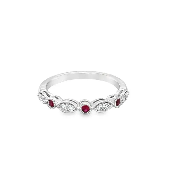 14K White Gold Round Ruby and Diamond Alternating Station Stackable Ring Jo & Co. Jewelers Hardy, VA