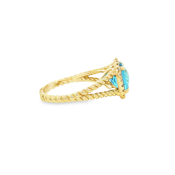 14K Yellow Gold Checkerboard Cushion Blue Topaz & Diamond Halo Split Shank Ring Image 2 Jo & Co. Jewelers Hardy, VA