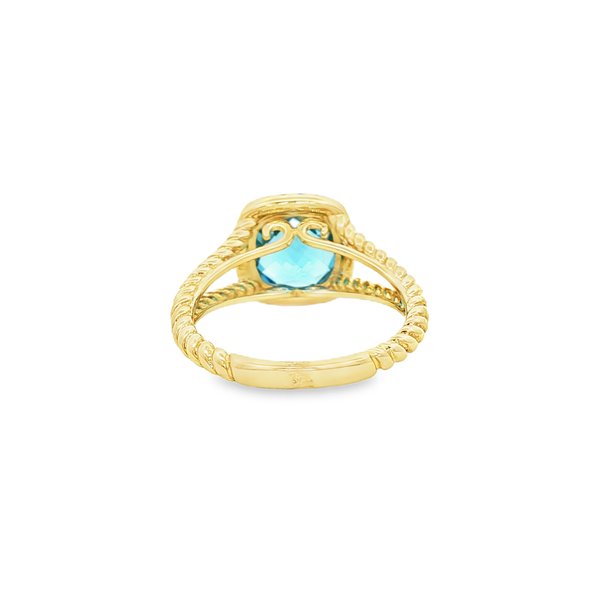 14K Yellow Gold Checkerboard Cushion Blue Topaz & Diamond Halo Split Shank Ring Image 3 Jo & Co. Jewelers Hardy, VA