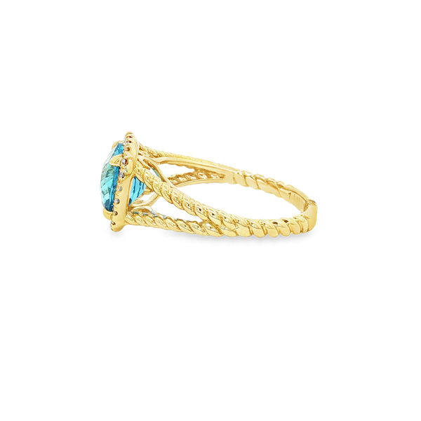 14K Yellow Gold Checkerboard Cushion Blue Topaz & Diamond Halo Split Shank Ring Image 4 Jo & Co. Jewelers Hardy, VA