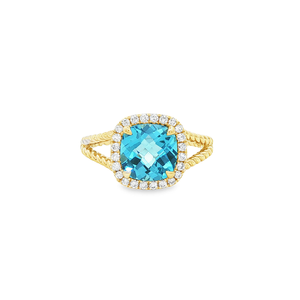 14K Yellow Gold Checkerboard Cushion Blue Topaz & Diamond Halo Split Shank Ring Jo & Co. Jewelers Hardy, VA