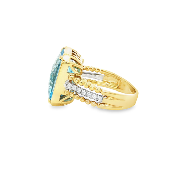 14K Yellow & White Gold Blue Topaz Diamond 3-Row Beaded Ring Image 4 Jo & Co. Jewelers Hardy, VA
