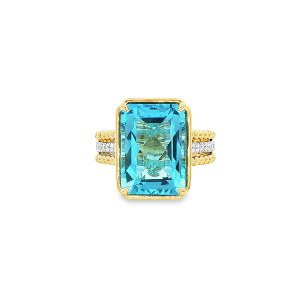 14K Yellow & White Gold Blue Topaz Diamond 3-Row Beaded Ring Jo & Co. Jewelers Hardy, VA