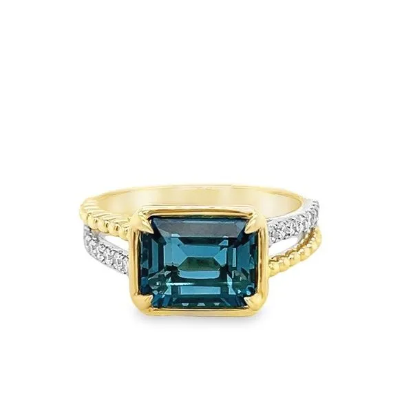 14K Yellow and White Gold Emerald Cut London Blue Topaz and Round Diamond Split Shank Ring Jo & Co. Jewelers Hardy, VA
