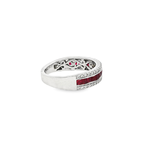 14K White Gold Princess Ruby & .32 CTW Round Diamond Vintage-Style 3-Row Band Image 2 Jo & Co. Jewelers Hardy, VA