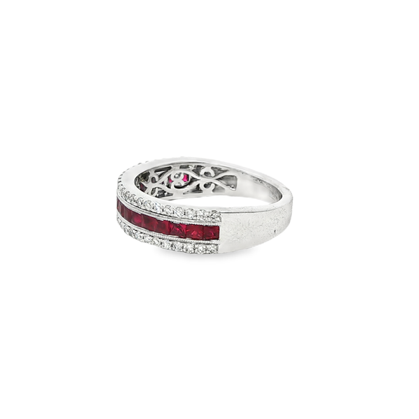 14K White Gold Princess Ruby & .32 CTW Round Diamond Vintage-Style 3-Row Band Image 4 Jo & Co. Jewelers Hardy, VA