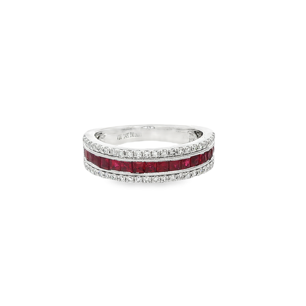14K White Gold Princess Ruby & .32 CTW Round Diamond Vintage-Style 3-Row Band Jo & Co. Jewelers Hardy, VA