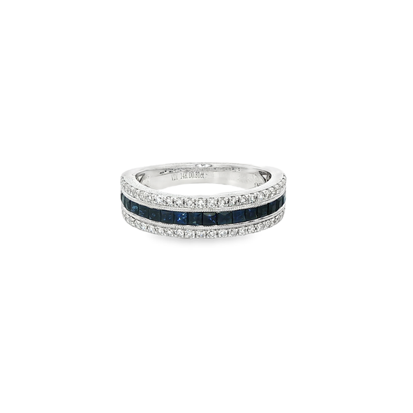 14K White Gold Princess Sapphire & Diamond Vintage 3-Row Band Ring Jo & Co. Jewelers Hardy, VA