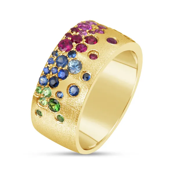 14K Yellow Gold Round Rainbow Sapphire and Tsavorite Garnet Satin Band Jo & Co. Jewelers Hardy, VA