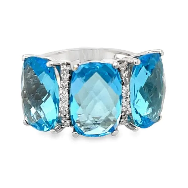 14K White Gold Oval Checkerboard Cushion Blue Topaz & Round Diamond 3-Stone Ring Jo & Co. Jewelers Hardy, VA